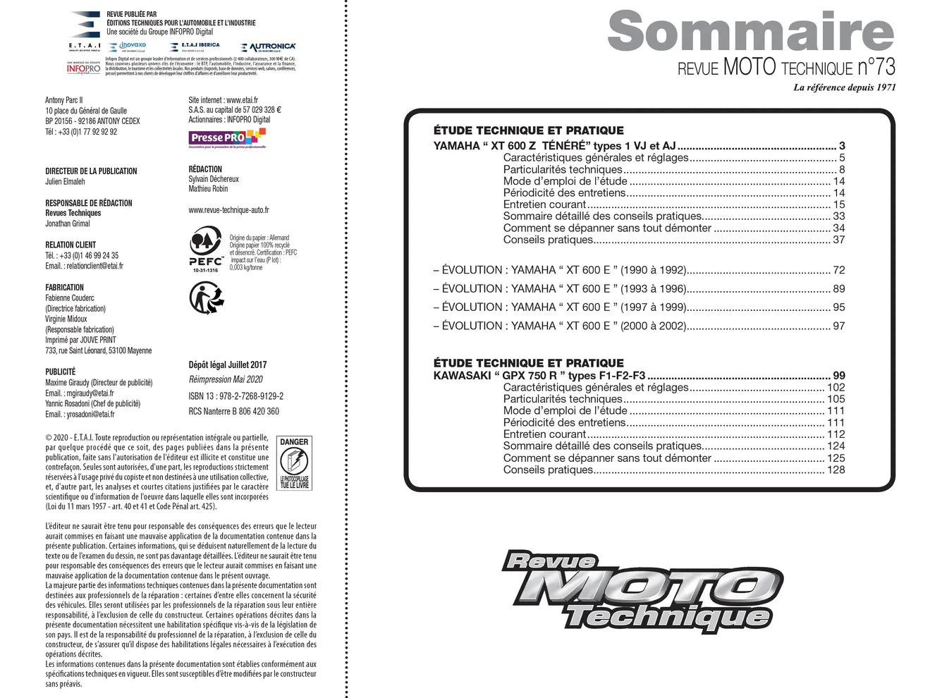 Yamaha XT 600 Z Ténéré et XT 600 E (1986 - 2002) - Kawasaki GPX 750 R (1987 - 1989) - Revue Technique