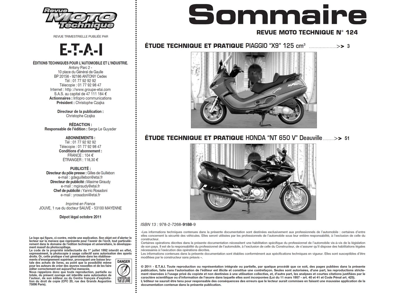 Piaggio 125 X9 (2000 - 2001) - Honda NT650 (1998 - 2001) - Revue Technique