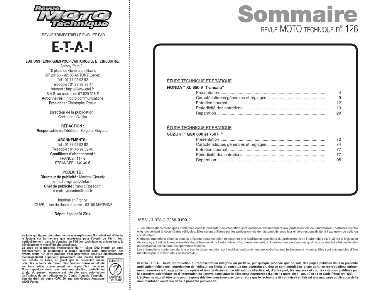 Honda XL 650 V Transalp (2000 - 2002) - Suzuki GSX 600 et 750 F (1998 - 2001) - Revue Technique