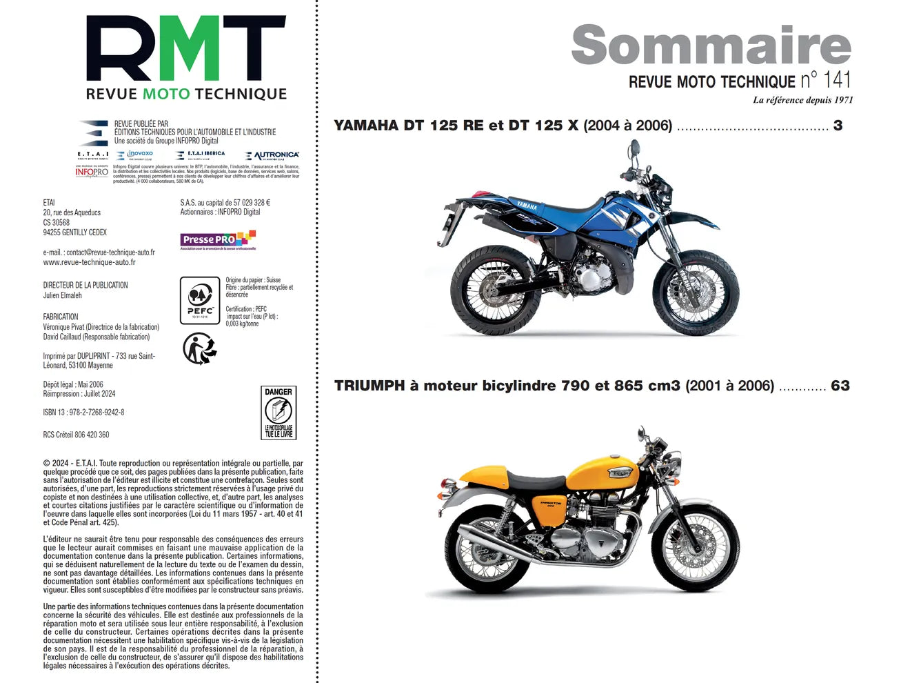 Yamaha DT 125 RE / X (2004 - 2006) - Triumph 790 / 865cc (2001 - 2006) - Revue Technique