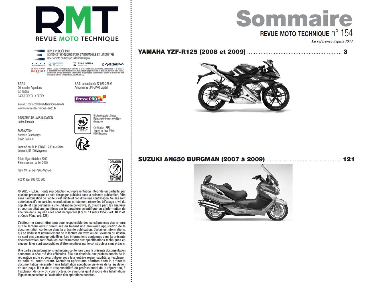 Suzuki Burgman 650 (2007 - 2009) - Yamaha YZF-R125 (2008 - 2009) - Revue Technique