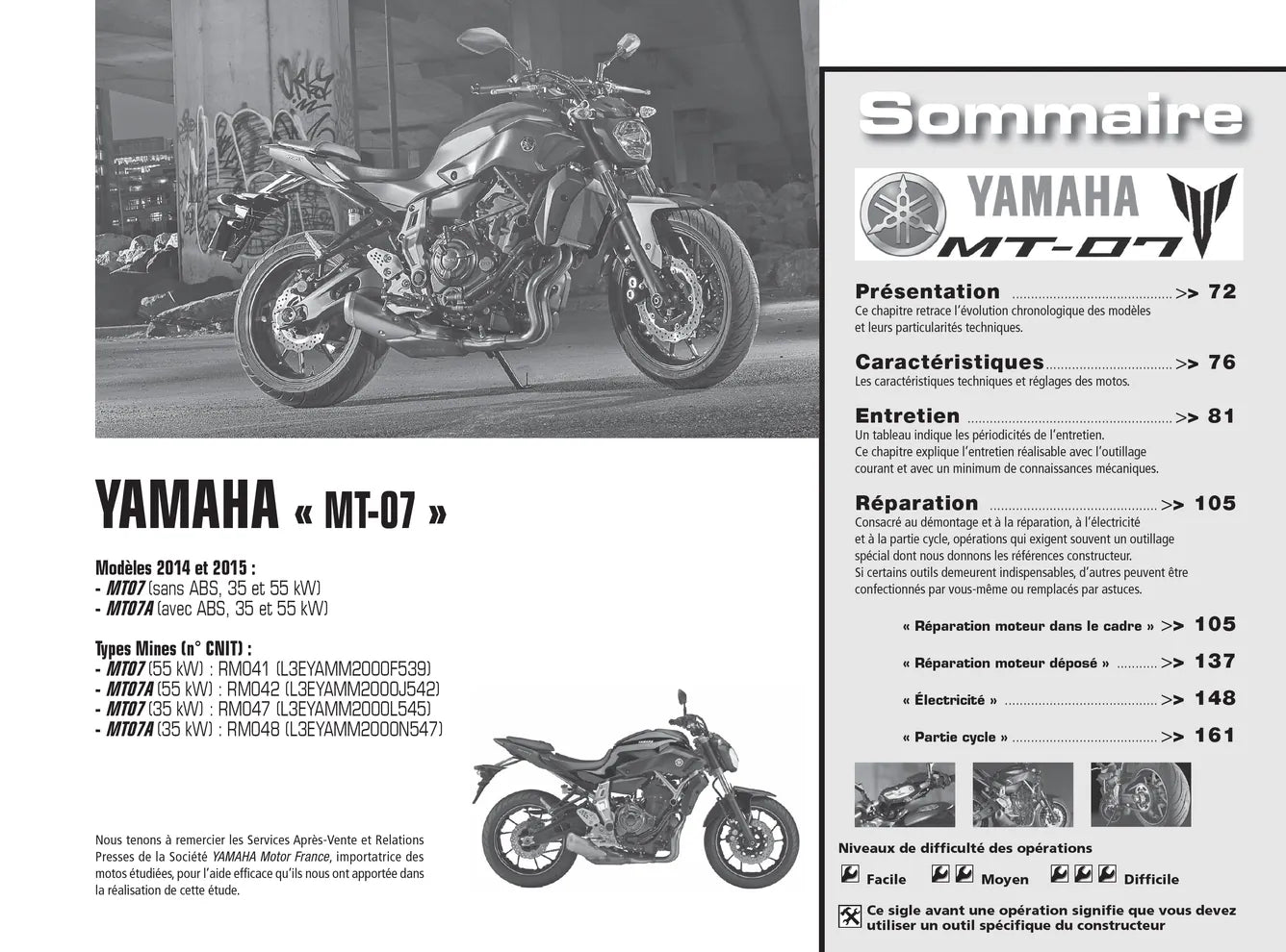 Piaggio MP3 Yourban 300ie (2012 - 2014) - Yamaha MT-07 (2014 - 2015) - Revue Technique