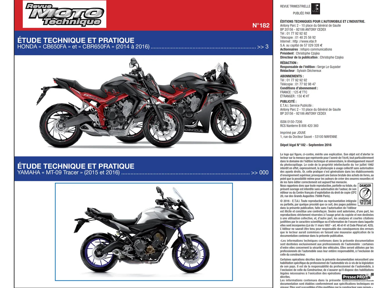 Yamaha MT-09 Tracer (2015 - 2016) - Honda CB et CBR 650 FA (2014 - 2016) - Revue Technique