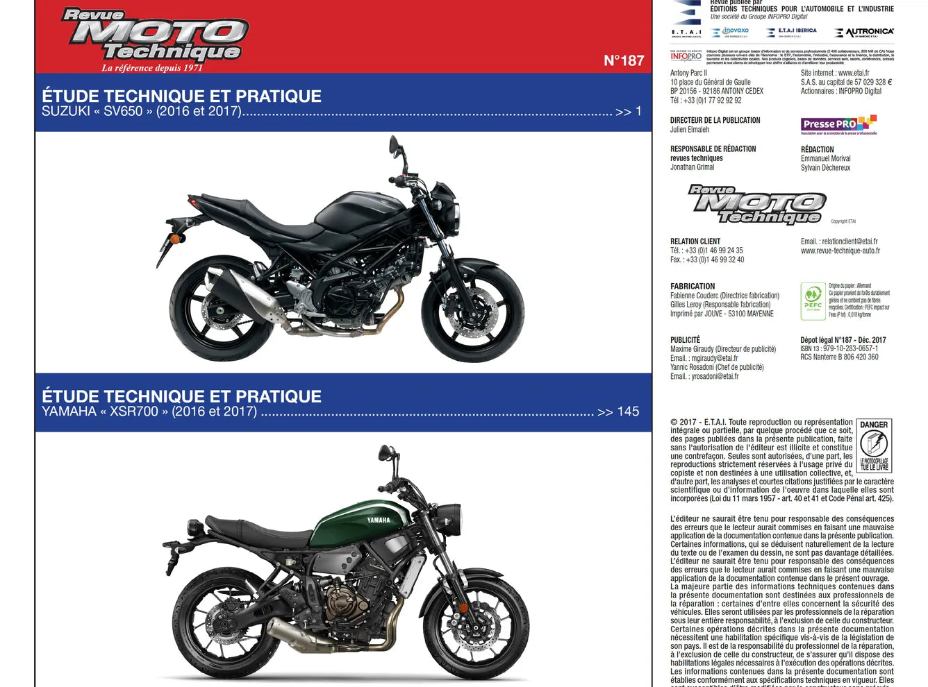 Yamaha XSR 700 (2016 - 2017) - Suzuki SV 650 (2016 - 2017) - Revue Technique