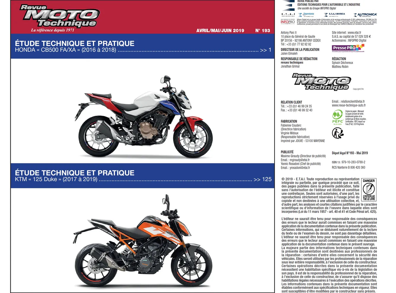 KTM 125 Duke (2017 - 2019) - Honda CB500 FA - XA (2016 - 2018) - Revue Technique