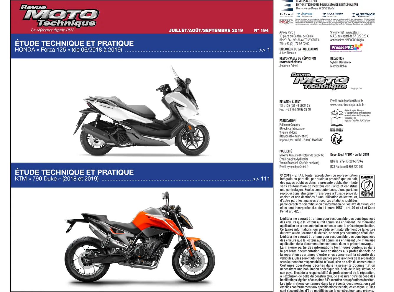 Honda Forza 125 (2018 - 2019) - KTM 790 Duke (2018 - 2019) - Revue Technique